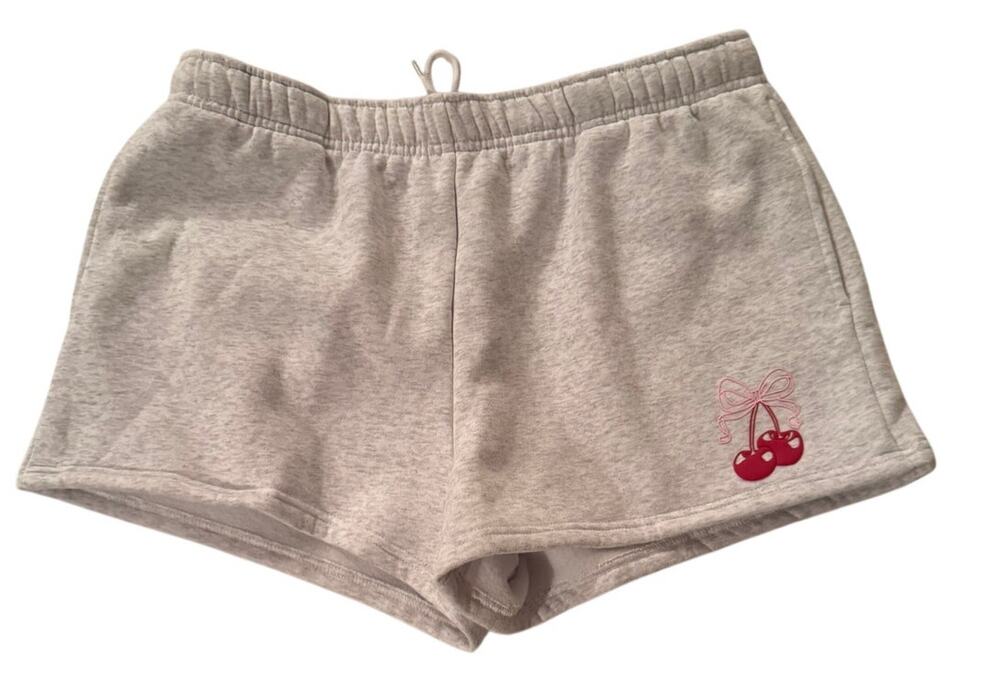 White Fox Boutique Grey Cherry Graphic Bow Sweat Shorts, Size XL